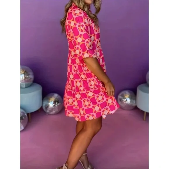 NEW! Watermelon Color Floral V Neck Ruffled Knee Length Flowy Dress! - Picture 5 of 6